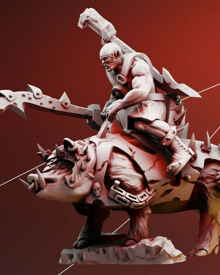 Orc war boss riding a war boar - fantasy tabletop miniature